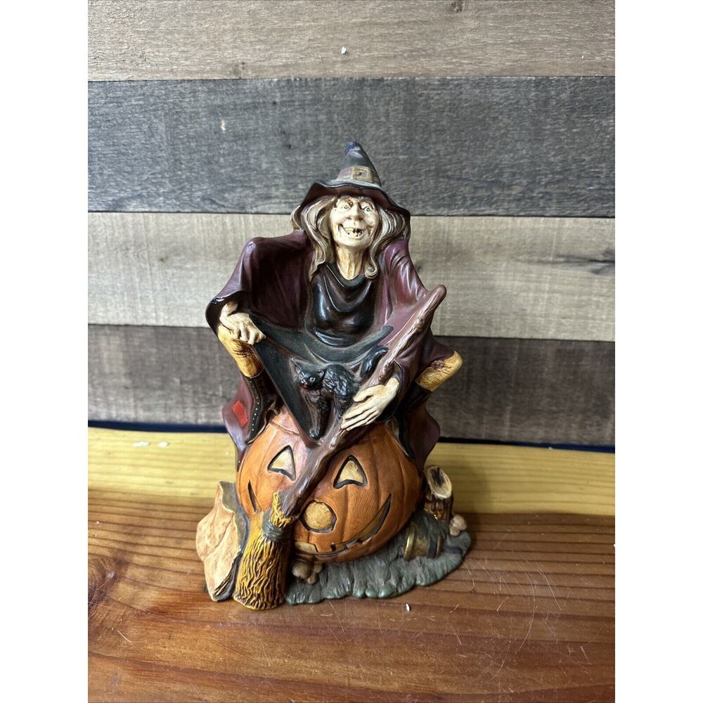 Vintage Halloween Byron Mold Hand Painted Witch on Jack-O-Lantern Figure Flaw